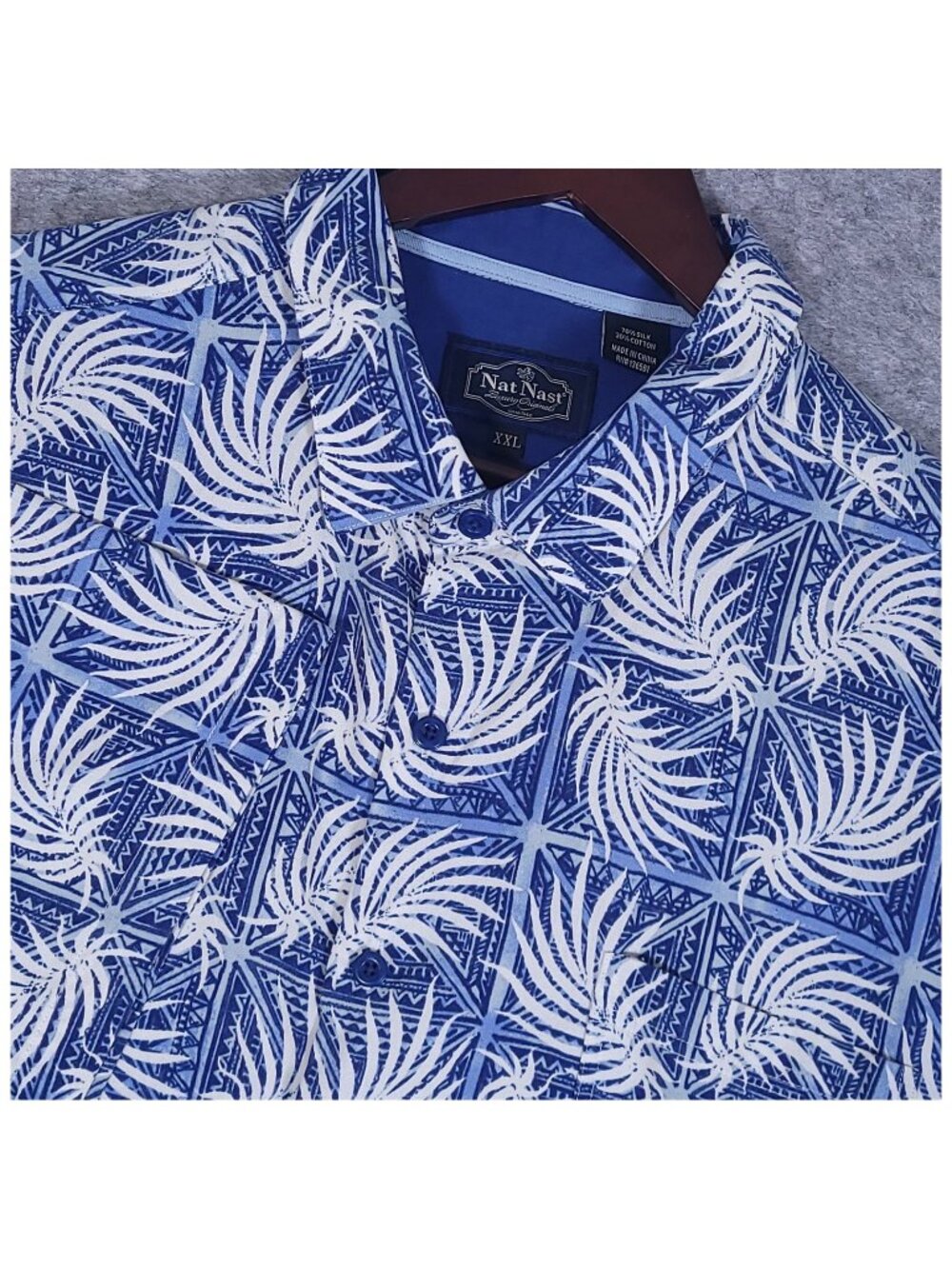 Nat Nast Luxury Hawaiian Silk Camp Shirt XXL Y2K Hawaiian Tropical Leaf Blue